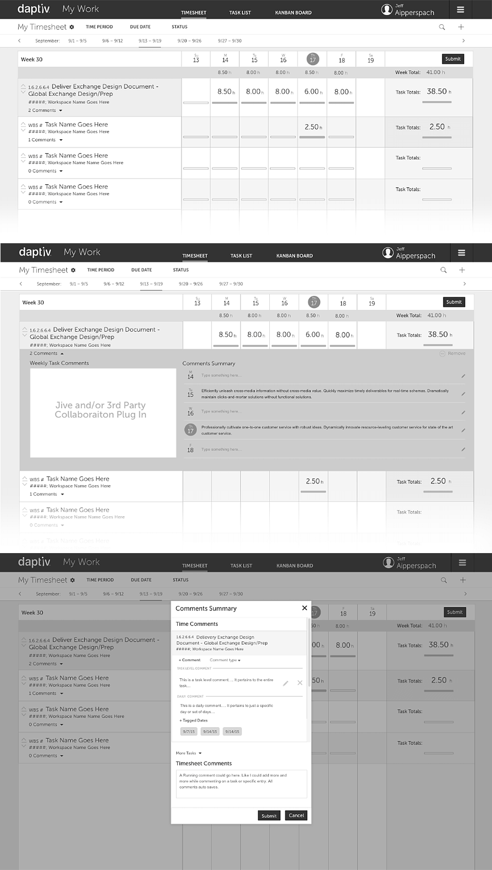 Daptiv My Work timesheet wireframes