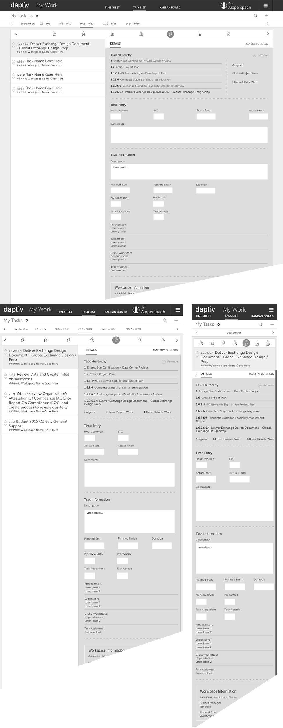 Daptiv My Work task list wireframes