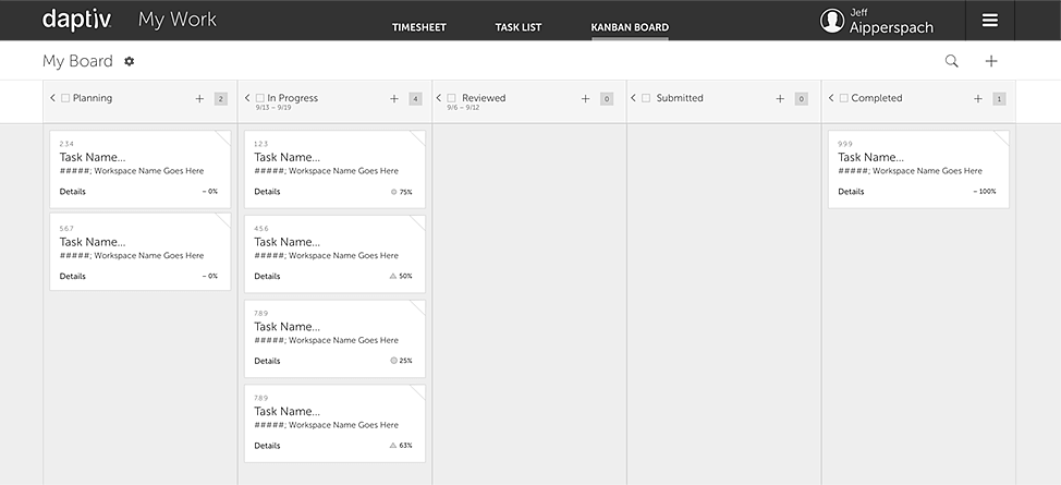 Daptiv My Work kanban board wireframes